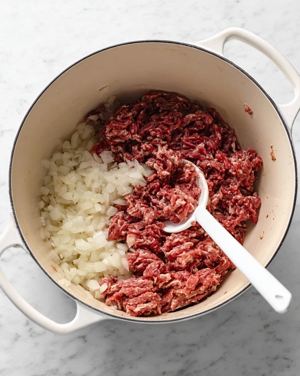 Inside a white Dutch oven on a white marbled surface, there is one layer of finely chopped white onions at the bottom. On top of the onions, there is one layer of raw ground beef, red with some white fat streaks, spread evenly across the bottom of the pot. A white spoon is stirring the mixture inside the pot. Photo taken with an iphone --ar 4:5 --v 7
