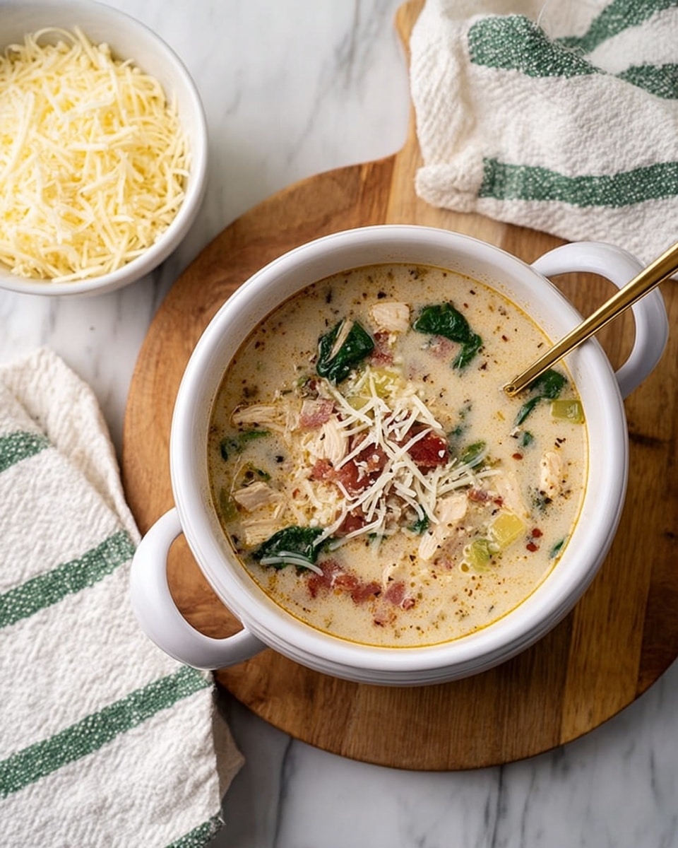A white bowl with two handles holds a creamy soup with visible pieces of chicken, green spinach leaves, chunks of yellow vegetables, and bits of bacon or ham. The soup is topped with shredded cheese that softly melts on the surface. The bowl sits on a wooden board placed on a white marbled surface. Next to it, there is a small white bowl filled with shredded cheese, resting on a folded white cloth with green stripes. A gold spoon is inside the soup bowl. photo taken with an iphone --ar 4:5 --v 7