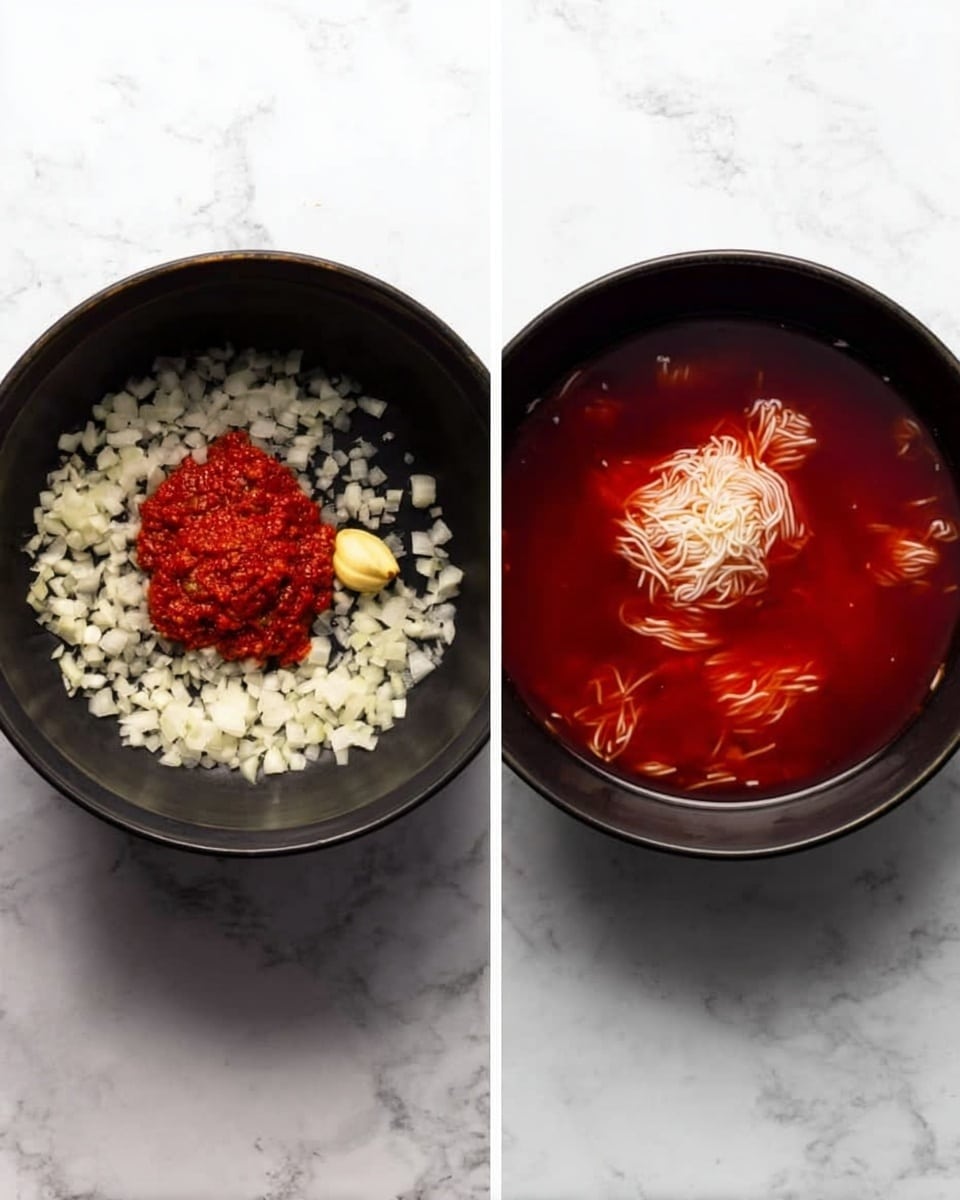 The left image shows a black bowl with a mix of small chopped white onions spread evenly at the bottom, topped with a small heap of red paste and some minced light yellow garlic placed off-center. The right image shows the same black bowl filled with a red liquid mixture, floating two small bundles of thin white noodles on the surface. Both bowls are set on a white marbled background. photo taken with an iphone --ar 4:5 --v 7