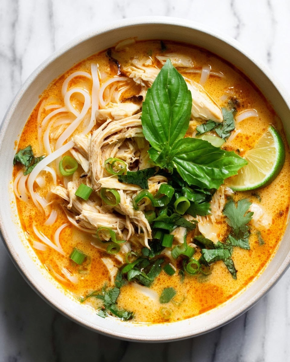 A bowl of bright orange broth fills the bottom layer, with thin white noodles resting in the soup, topped by shredded pieces of light beige chicken. On the right, a wedge of green lime sits partially submerged. Scattered on top are fresh green herbs including chopped green onions, cilantro leaves, and a vibrant green basil leaf placed at the center. The bowl is white and sits on a white marbled surface. The textures vary from the smooth broth to the fibrous chicken and fresh leafy herbs. Photo taken with an iphone --ar 4:5 --v 7