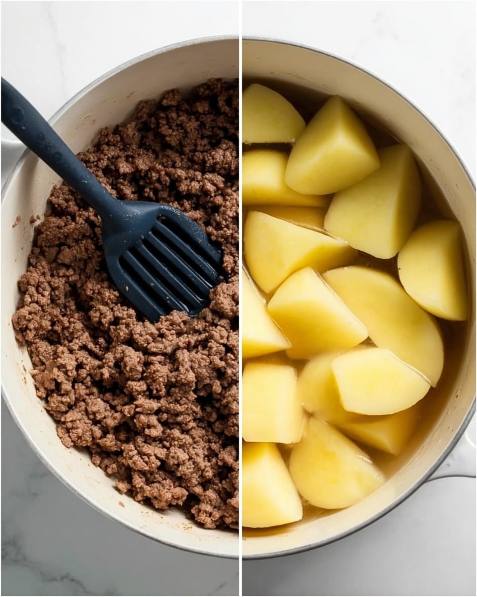 The image shows two side-by-side views of cooking preparation. On the left, there is a white pot filled with cooked ground beef that is brown and crumbly, being stirred with a black slotted spatula positioned on the right side inside the pot. On the right, peeled yellow potatoes are cut into large chunks and soaking in clear water inside a white pot, filling the pot about halfway. The background is a white marbled surface photo taken with an iphone --ar 4:5 --v 7