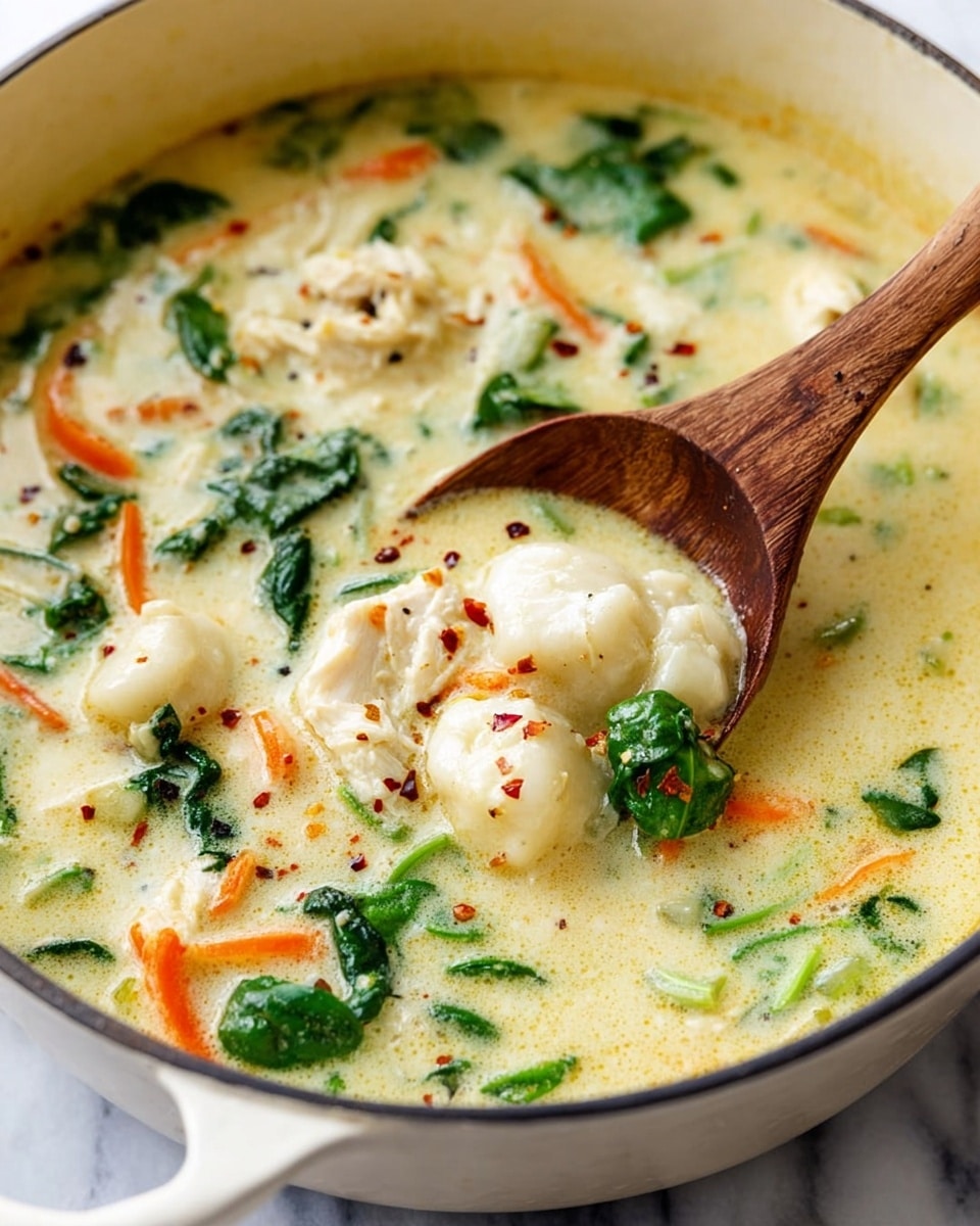 A close-up view of a creamy soup in a white pot, showing a thick pale yellow broth filled with chunks of white dumplings, soft pieces of chicken, bright green spinach leaves, and thin orange carrot strips scattered throughout. A wooden spoon is partly dipped into the soup from the right side, lifting some ingredients and broth. The surface of the soup has a few specks of red pepper flakes and black pepper, adding a touch of color and texture. The pot sits on a white marbled surface. photo taken with an iphone --ar 4:5 --v 7
