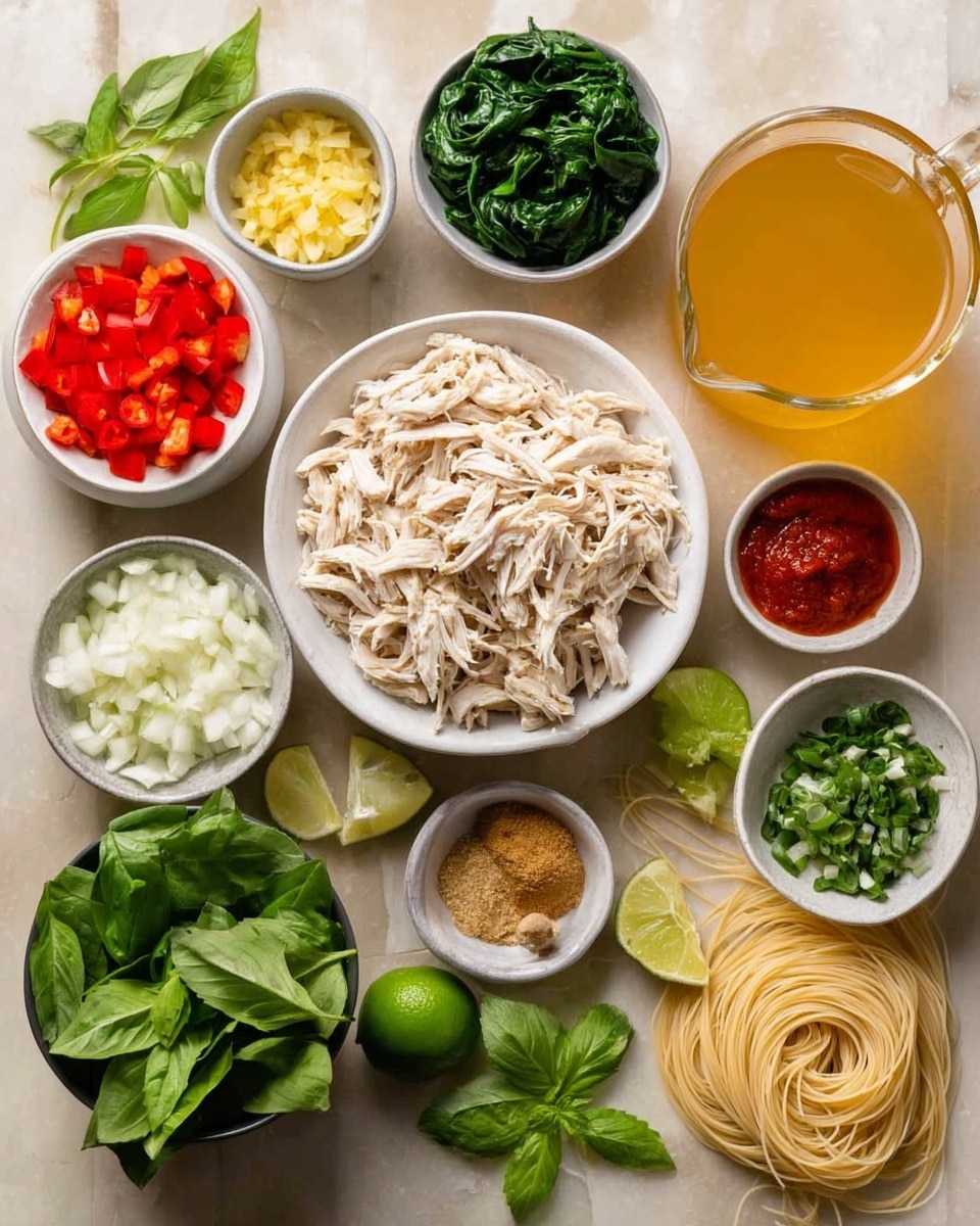 This image shows several ingredients arranged neatly on a white marbled surface. At the center, there is a white bowl filled with shredded pale chicken. Surrounding it are various white bowls containing fresh green spinach leaves, chopped white onions, bright red bell pepper slices, finely chopped fresh green herbs, and minced yellow ginger. There is a small bowl with a bright red paste and another small bowl with a lighter brown spice. Next to them are a glass pitcher with a clear liquid that looks like coconut milk and a larger glass pitcher filled with light golden broth. Uncooked pale noodles are laid out next to the bowls. Fresh green basil leaves and lime halves, along with a lime squeezer, add vibrant color to the scene. The overall look is fresh, colorful, and ready for cooking photo taken with an iphone --ar 4:5 --v 7