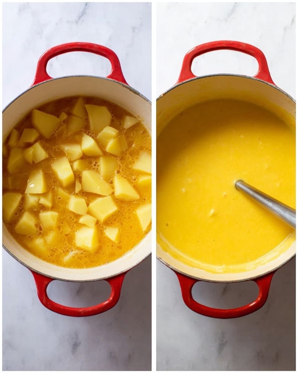 Two side-by-side images show a cooking pot on a white marbled surface. The pot is white inside with a red outer edge. The left image shows the pot filled with yellow liquid and large chunks of potatoes. The right image shows the same pot with the yellow liquid now smooth and creamy as a silver blending stick blends the mixture inside. Photo taken with an iphone --ar 4:5 --v 7