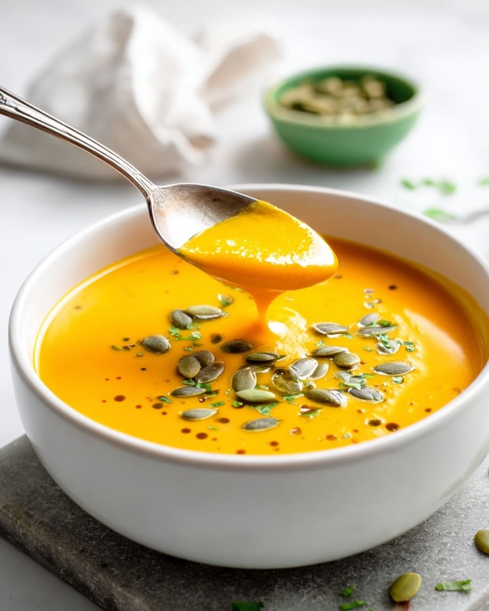 A white bowl filled with smooth, bright orange soup topped with green pumpkin seeds and small green herb pieces. A spoon is lifting some of the soup from the bowl, showing its creamy texture. In the background, there is a blurred white marbled surface with a small white cloth and a green bowl of pumpkin seeds. The bowl sits on a gray stone slab. Photo taken with an iphone --ar 4:5 --v 7