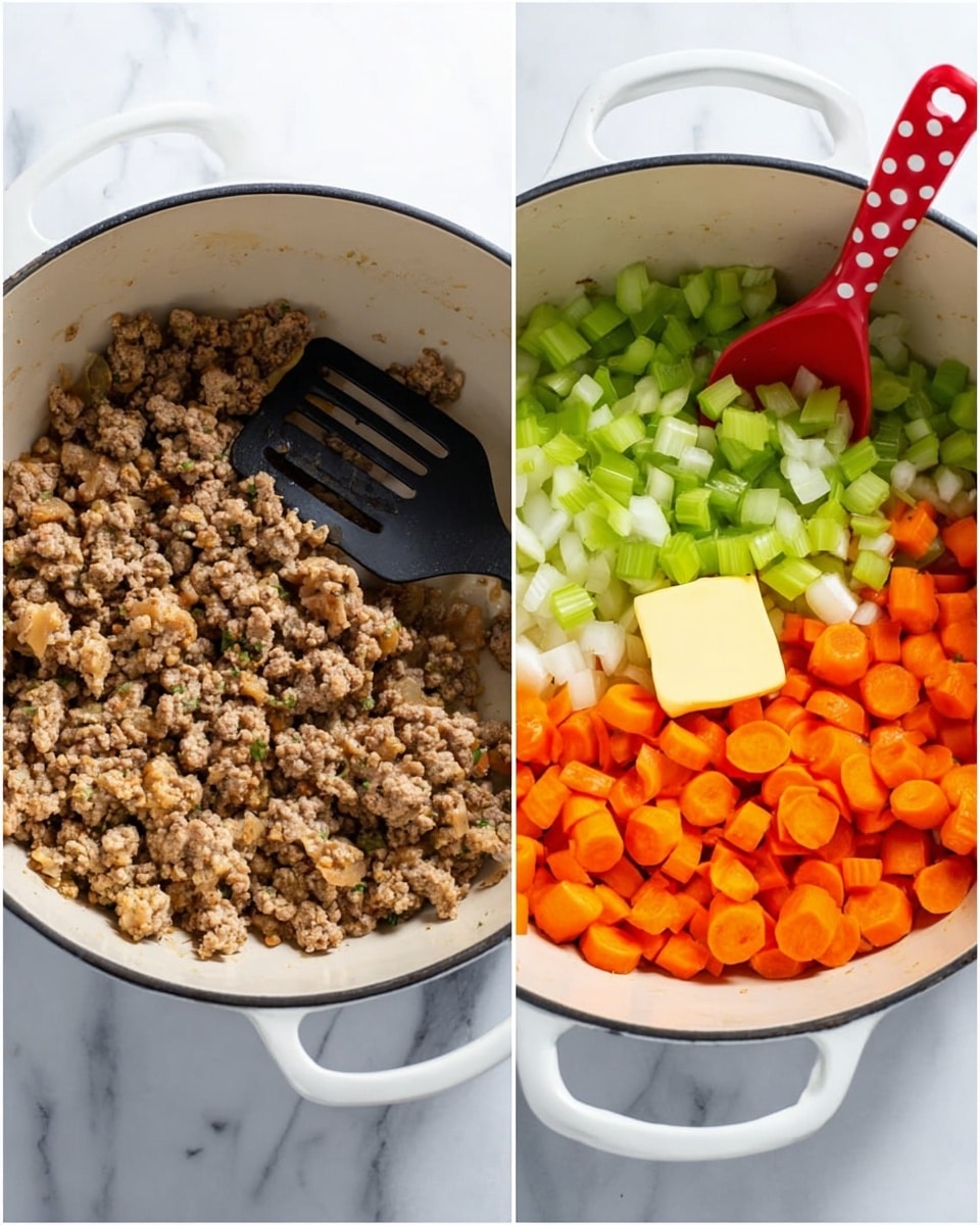The image shows two white pots with ingredients inside on a white marbled surface. The left pot contains browned ground meat that looks soft and crumbled, with a black slotted spoon resting on the right side inside the pot. The right pot has three layers: at the bottom, small white chopped onions, on top of that, bright green celery pieces, and bright orange carrot slices spread over the celery; in the center, there is a square of yellow butter, and a red spoon with white polka dots is lightly touching the vegetables. Photo taken with an iphone --ar 4:5 --v 7