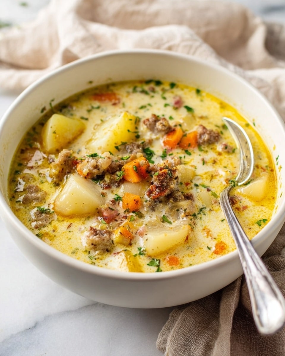A white bowl filled with creamy soup containing chunks of white potatoes, small pieces of orange carrots, and crumbled cooked meat on top. The soup has a yellowish cream color with some green herb bits sprinkled over it. A shiny metal spoon rests inside the bowl on the right side. The bowl sits on a white marbled surface with a soft beige cloth visible in the background. photo taken with an iphone --ar 4:5 --v 7