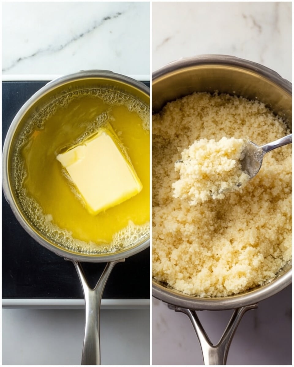 The image shows two side-by-side scenes in a kitchen setting with a white marbled background. On the left, a silver pot is on a black stove with bubbling melted yellow butter inside and a large solid piece of pale yellow butter partially melted and floating on top. On the right, the same silver pot holds a crumbly pale yellow mixture resembling a grainy dough, with a metal fork lifting some of the textured clumps slightly above the surface. photo taken with an iphone --ar 4:5 --v 7