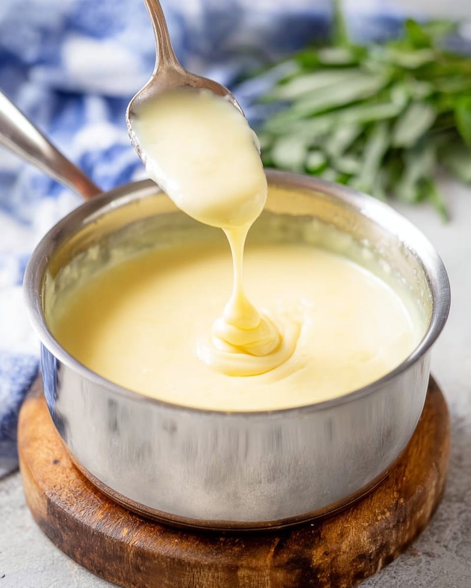 The image shows a shiny silver pot filled with smooth, creamy pale yellow sauce. A spoon is dipped into the sauce, lifting some of it, which drips slowly back into the pot, showing its thick and silky texture. The pot is placed on a wooden board, and the background has a blue and white cloth on one side and some green herbs blurred out on the other. The overall setting is bright with a soft, natural light that highlights the sauce’s creamy surface photo taken with an iphone --ar 4:5 --v 7