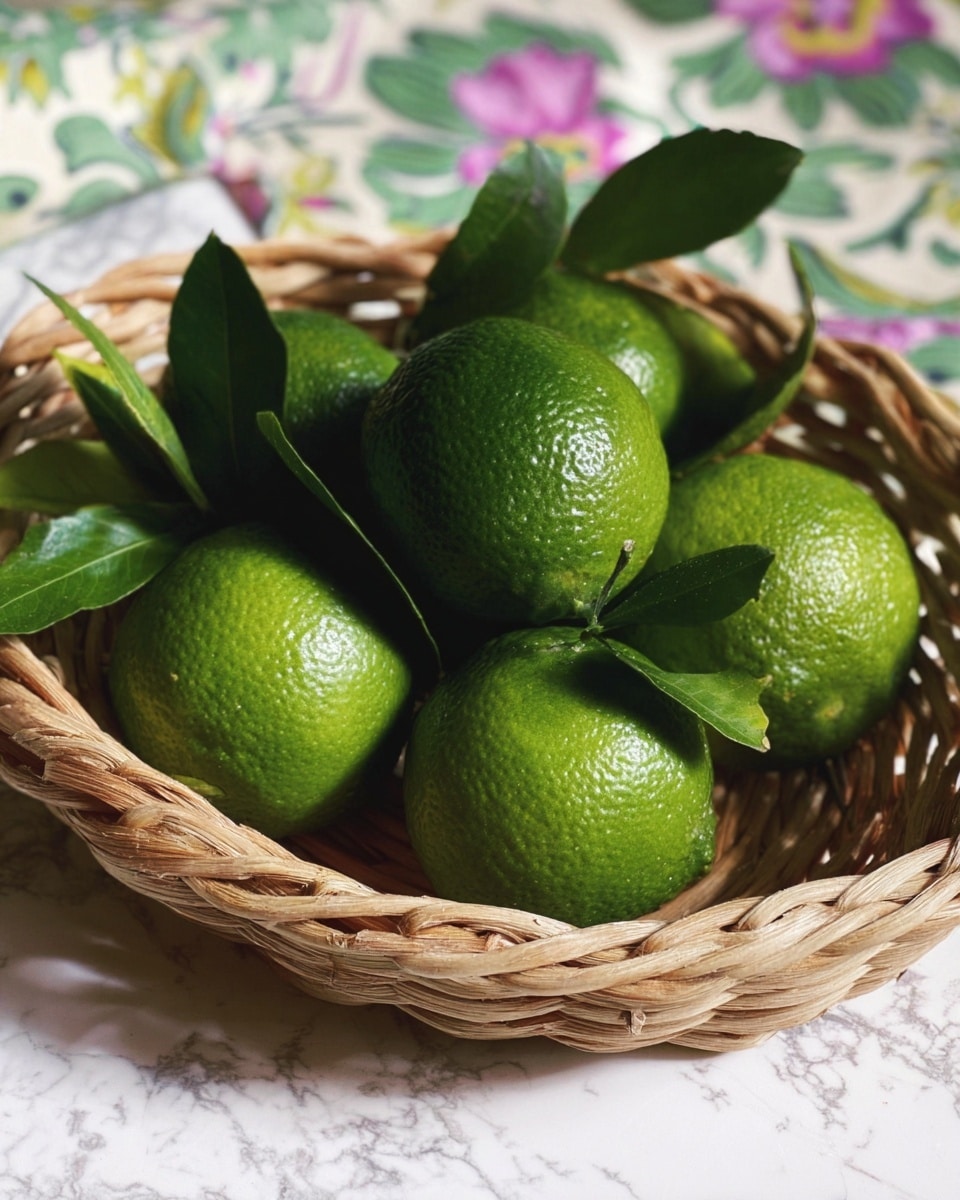 A woven basket filled with seven bright green limes, some with attached green leaves, showing a shiny and textured skin. The basket is light brown and placed on a white marbled surface with part of a floral patterned cloth in the background. The scene is well lit with natural light highlighting the limes' glossy texture. photo taken with an iphone --ar 4:5 --v 7