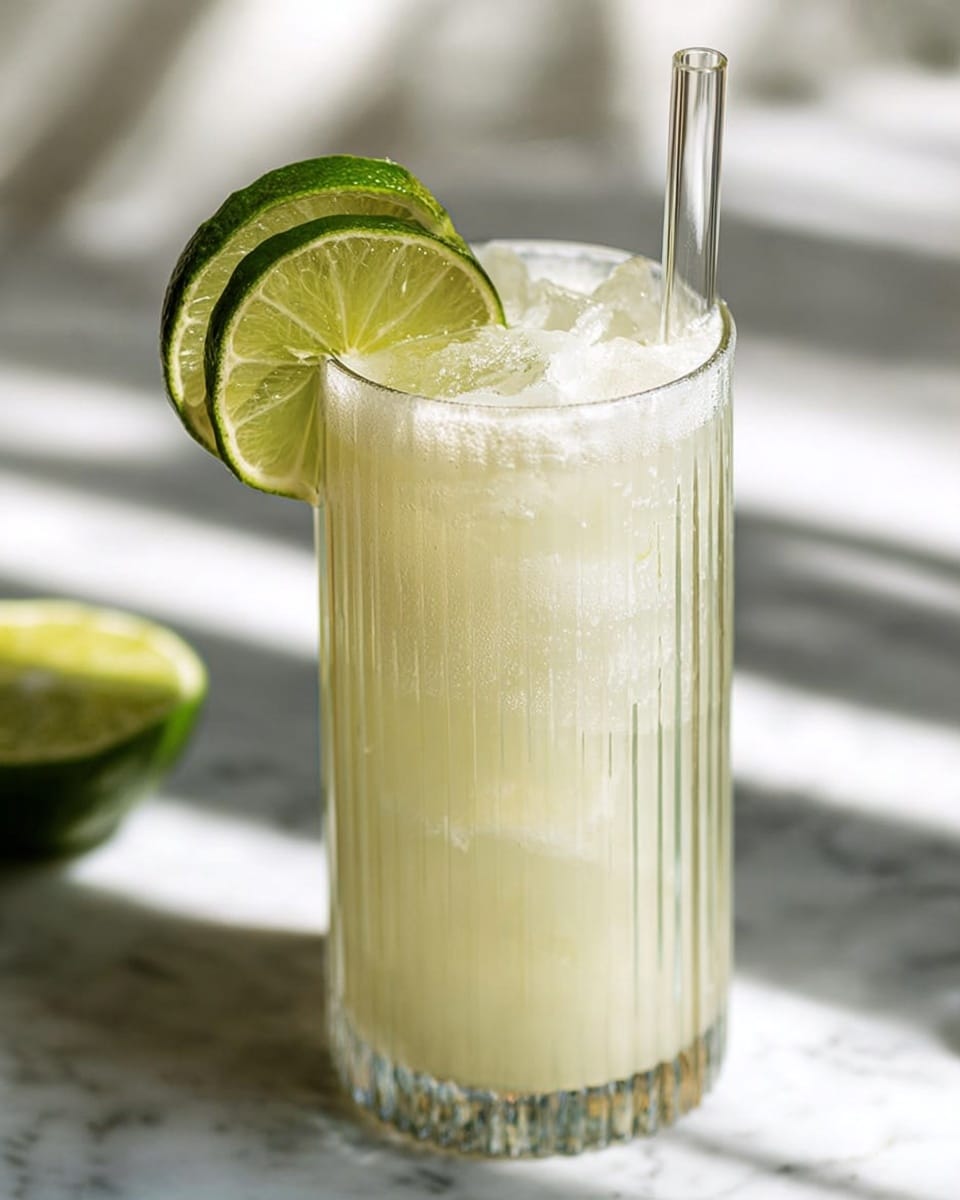 A tall clear glass with vertical ridges is filled with a light creamy yellow drink and ice cubes, creating a cool frosty texture on top. Two thin slices of lime, showing bright green edges and pale yellow flesh, rest on the rim of the glass. A clear glass straw is placed inside the drink to the right side. The scene is set on a white marbled surface with soft natural light creating gentle shadows. Photo taken with an iphone --ar 4:5 --v 7