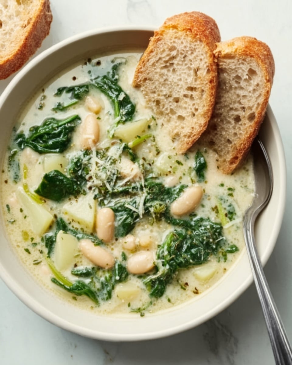 A gray bowl on a white marbled surface is filled with a creamy soup that has layers of green spinach leaves, small broccoli pieces, white beans, and diced pale potatoes. The soup is topped with a sprinkle of tiny seeds and a small bunch of fresh green herbs in the center. A silver spoon rests inside the bowl on the left side, and a piece of golden-brown crusty bread leans on the bowl’s right edge. A bit of the bread is torn off and placed near the bottom left corner of the image. The background includes a white bowl with seeds and a green cloth near the bottom right corner. Photo taken with an iphone --ar 4:5 --v 7