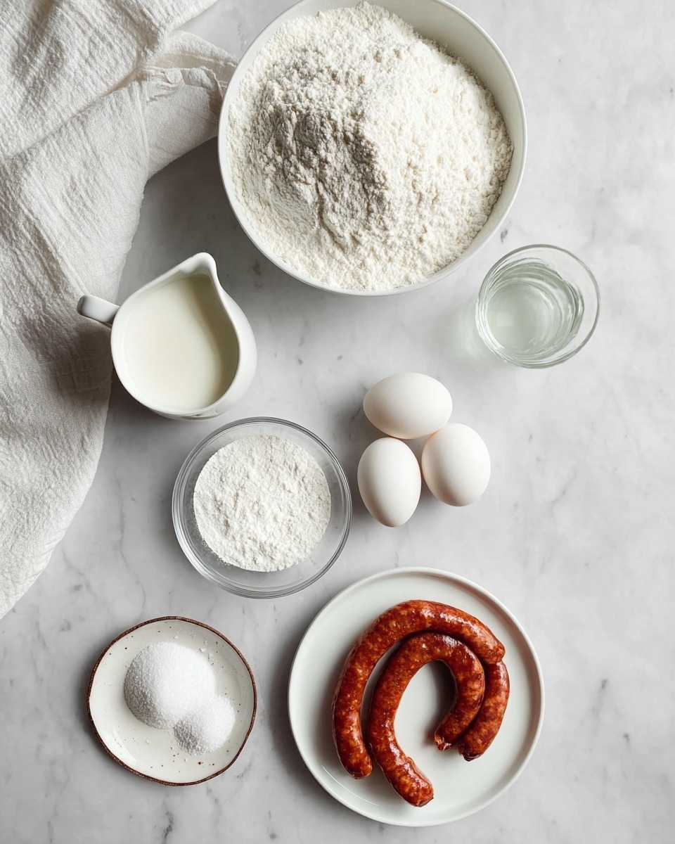 The image shows a top view of cooking ingredients arranged on a white marbled surface. At the top is a white bowl filled with a mound of white flour. Below it to the left is a small white jug filled with white liquid, likely milk or buttermilk. Next to the jug, on the right, is a small clear glass with a clear liquid, possibly water or oil. Lower down, a small clear bowl holds some white granulated sugar, positioned above a white plate holding two coiled red sausages with visible spices inside. To the left of the sausages, three white eggs rest directly on the surface. Near the sugar is a small white plate with a brown rim holding several white powders, probably baking powder and salt. A white cloth is partially visible in the top left corner. Photo taken with an iphone --ar 4:5 --v 7