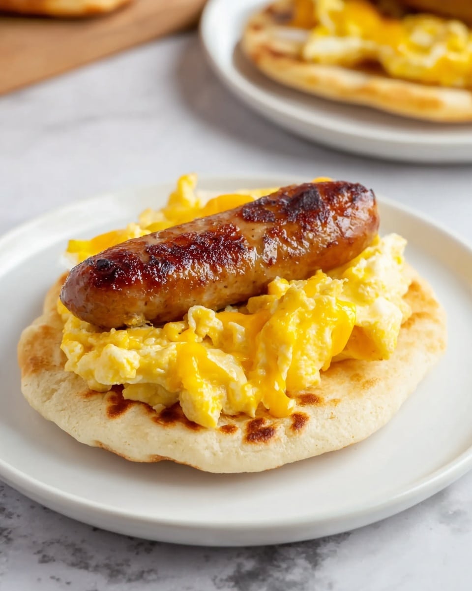 The dish has three layers on a white plate with a white marbled surface beneath it. The bottom layer is a flatbread with a light golden brown texture and some small browned spots. On top of the flatbread is a layer of scrambled eggs, bright yellow with some white parts visible, fluffy and slightly soft in texture. The top layer is a single brown sausage, cooked with a slightly crispy and browned skin that has a shiny surface. In the background, a second plate with a similar dish is slightly blurred. Photo taken with an iphone --ar 4:5 --v 7