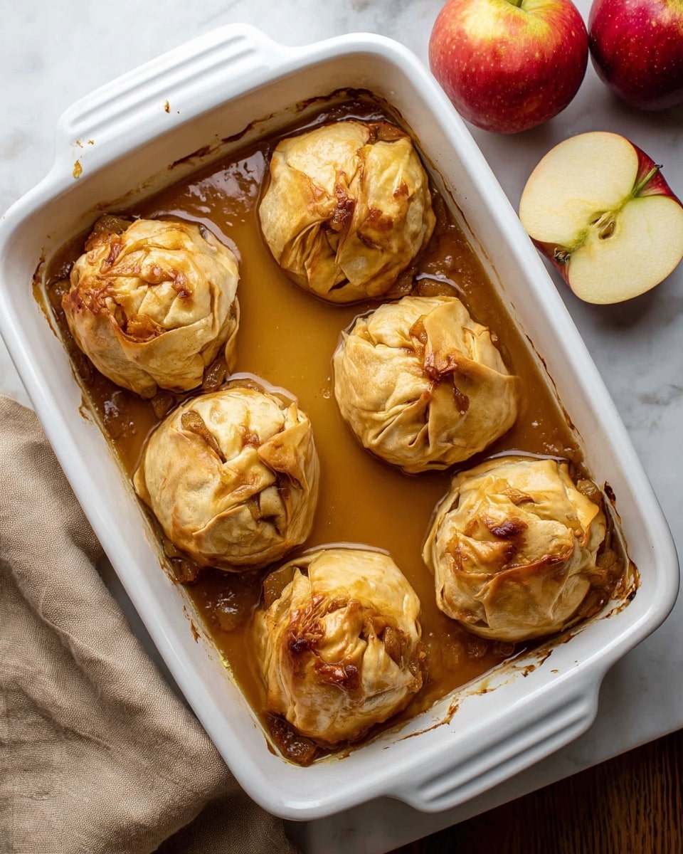 There are six baked round pastries in a white rectangular dish, each wrapped with golden-brown folded dough with cracks and uneven layers on top. The pastries sit in a thick, shiny light brown sauce that pools at the bottom of the dish, giving a wet look around the pastries. The dish is placed on a white marbled surface with two whole red apples and one sliced apple nearby. A beige cloth is partly visible in the bottom left corner. Photo taken with an iphone --ar 4:5 --v 7
