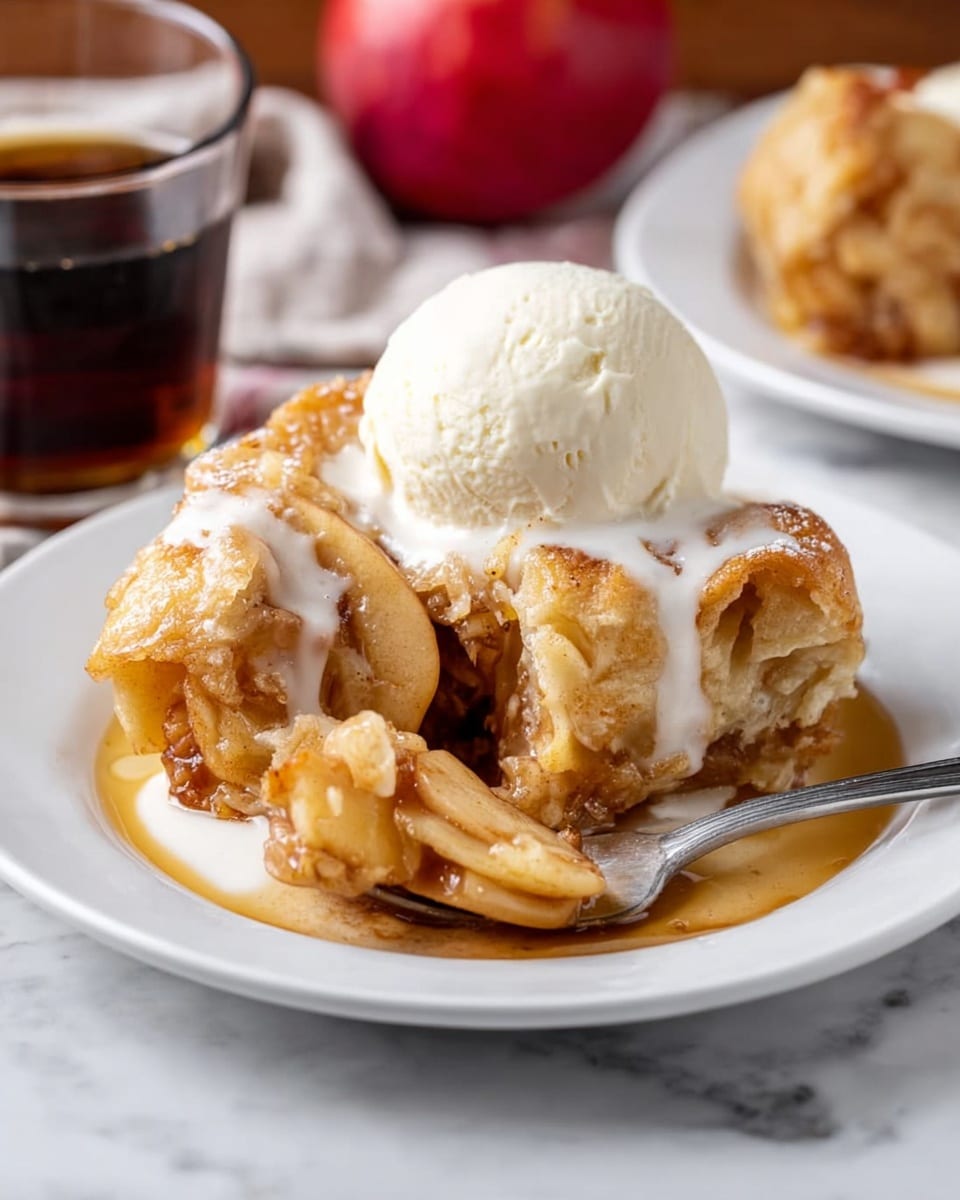 A golden-brown mini apple pie sits on a white plate, with a scoop of creamy white vanilla ice cream melting on top, dripping down the sides. The pie crust looks flaky and slightly glossy with some darker baked spots, and the bottom crust peeks out with a shiny, juicy filling. In the background, another similar pie is on a white plate, along with a few shiny red apples on a white marbled surface. The warm lighting adds a cozy feel to the scene. Photo taken with an iphone --ar 4:5 --v 7