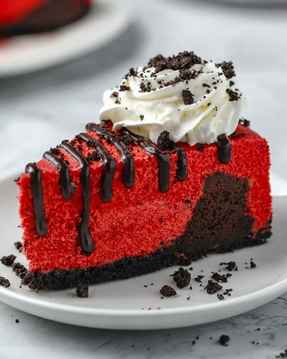 A white plate holds a rich dessert with six slices. The bottom layer is dark chocolate crust, topped with a smooth red layer on top. Each slice has a thick white layer, likely cream, sprinkled with crushed cookies. On top of the cream are two mini chocolate cookies placed near the edge of each slice. A woman's hand with red nails holds one slice slightly above the plate. The background is a white marbled texture. Photo taken with an iphone --ar 4:5 --v 7