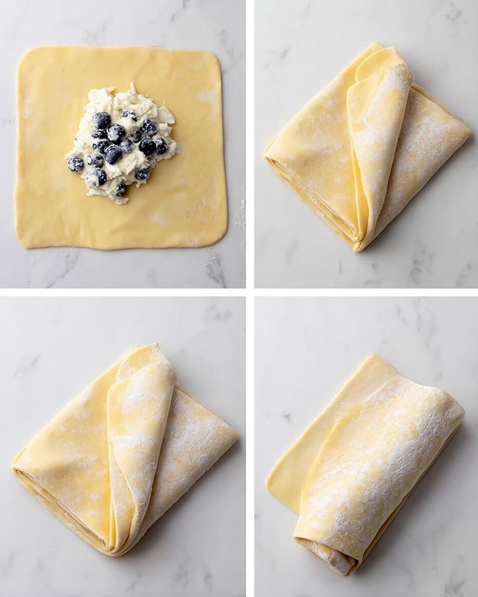 The image is divided into four parts showing step-by-step folding of a pastry square about 8-10 inches wide on a white marbled surface. In the first part, a pale yellow square pastry dough is laid flat with a small mound of creamy white filling mixed with dark blueberries placed in the center near the edge. The second part shows the top right corner of the dough folded diagonally down over the filling, covering it halfway with the dough's smooth side up. In the third part, the bottom right corner folds over the filling, overlapping the first fold, leaving the pastry shaped like a triangle with one corner folded. The final part shows the pastry fully rolled from the left side to the right into a neat, long roll with visible layers of slightly floured dough covering the filling inside. The photo taken with an iphone --ar 4:5 --v 7