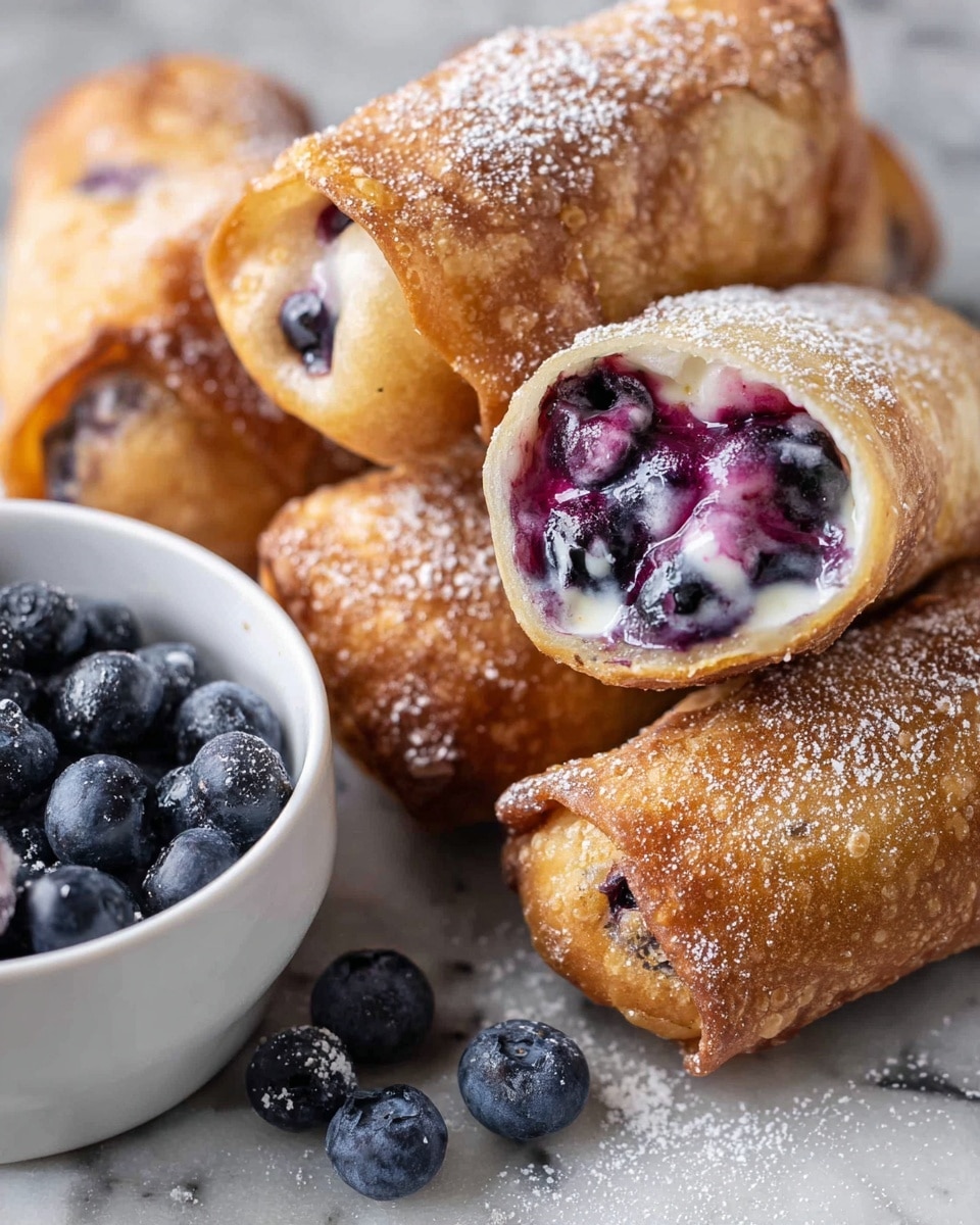 This image shows seven golden-brown crispy spring rolls stacked in a metal tray with some powdered sugar dusted on top. The rolls have a light texture with some browned spots and small areas revealing a dark purple filling inside, suggesting berries. Scattered around the rolls are fresh blueberries adding a pop of blue color. In the bottom right corner of the tray, there is a metal sieve filled with powdered sugar. The tray is placed on a white marbled surface. Photo taken with an iphone --ar 4:5 --v 7