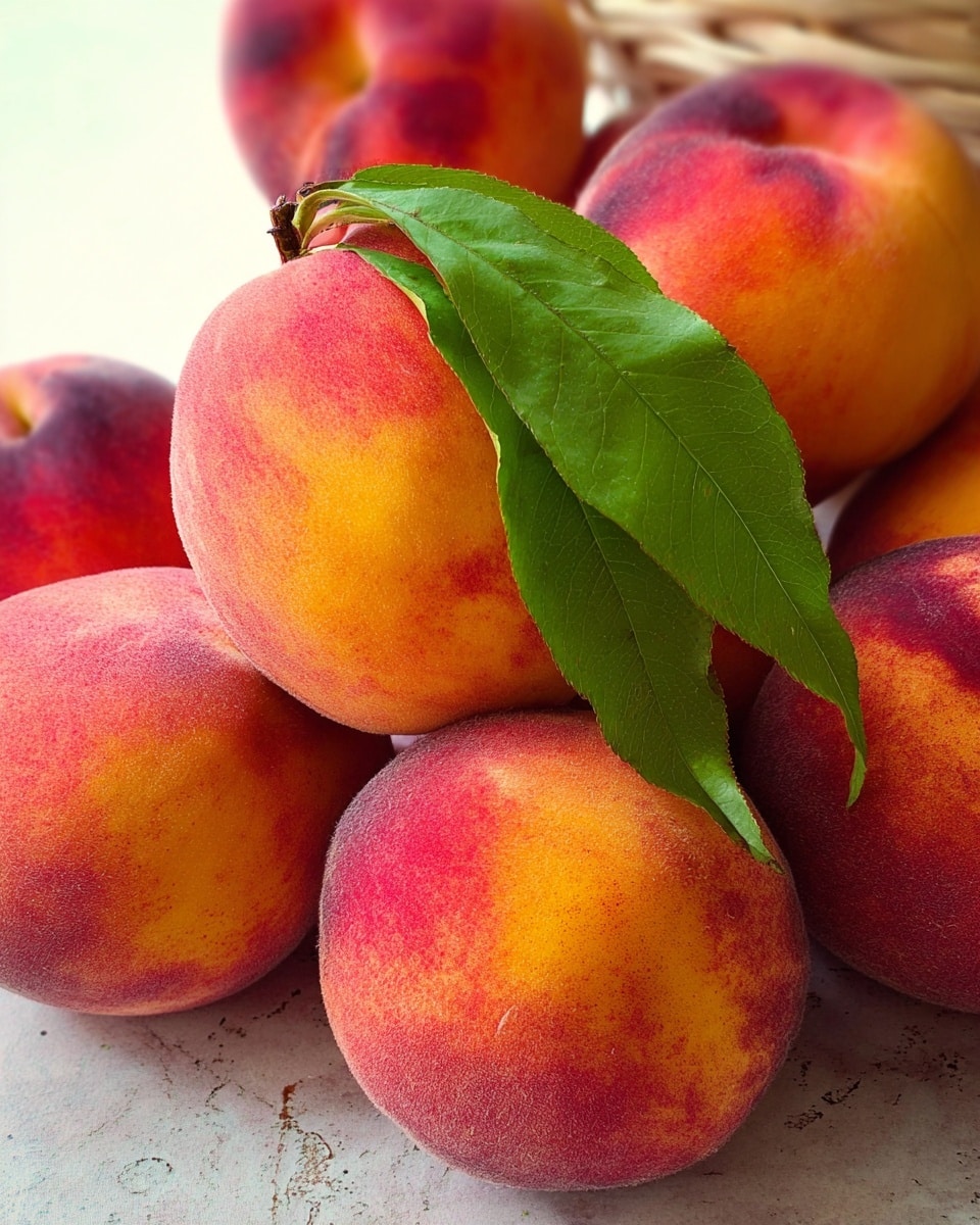 A close-up view of several ripe peaches stacked together, showing their soft fuzzy skin with vibrant shades of orange, yellow, and pinkish-red. One peach on top has two bright green leaves attached, resting naturally on the fruit. The peaches are placed on a white marbled textured surface, and in the background, there is a subtle pattern suggesting a light-colored basket or grid. The image focuses on the juicy texture and colors of the peaches. Photo taken with an iphone --ar 4:5 --v 7