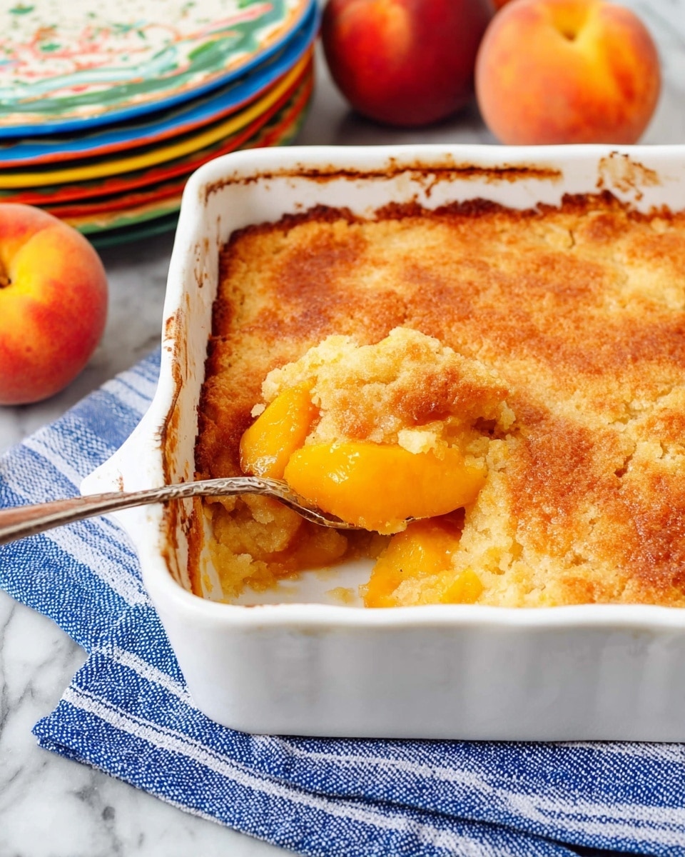 A white rectangular baking dish with handles on both sides holds a single-layer peach cobbler with a golden brown baked top, showing small orange peach pieces peeking through the crust near the edges. The dish is placed on a blue and white striped cloth on a wooden table. Three whole peaches sit near the top left corner of the dish. To the upper right, there is a stack of white bowls with a blue bowl on top, holding a silver spoon. The whole scene is set on a white marbled surface. Photo taken with an iphone --ar 4:5 --v 7