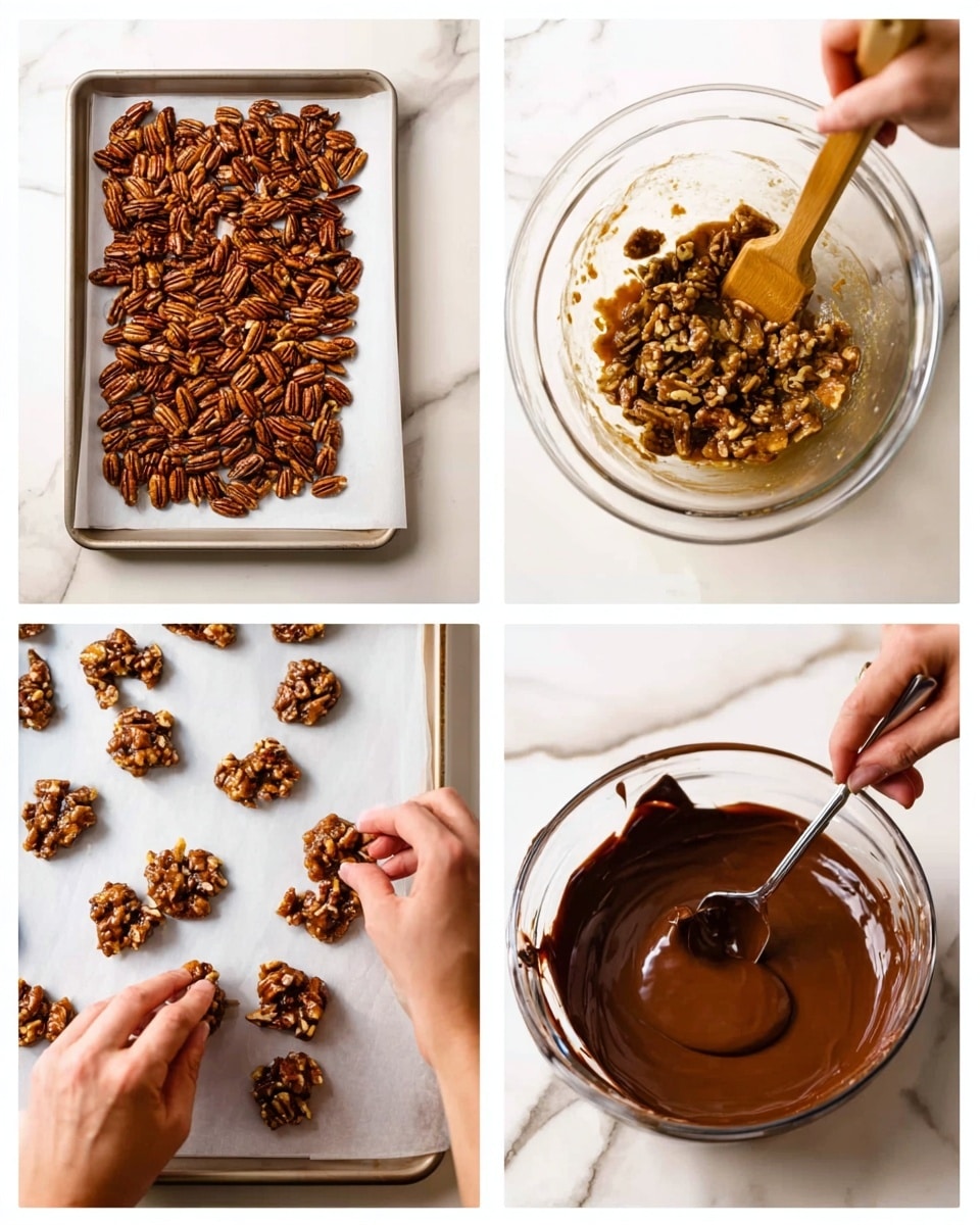The collage shows four images of a food preparation process on a white marbled surface. The top left image has a white baking tray filled with evenly spread toasted pecans, rich brown in color with a shiny texture. In the top right image, a woman's hand with a wooden spatula stirs a glass bowl filled with a sticky, light caramel-colored mixture with pecans visible inside. The bottom left image shows a woman's hand shaping and placing small clusters of this mixture onto a white baking sheet, with a glass bowl of the mixture nearby. The bottom right image features a glass bowl of smooth, dark melted chocolate with a woman's hand holding a spoon dipping into it, ready to coat the clusters placed around the bowl. photo taken with an iphone --ar 4:5 --v 7