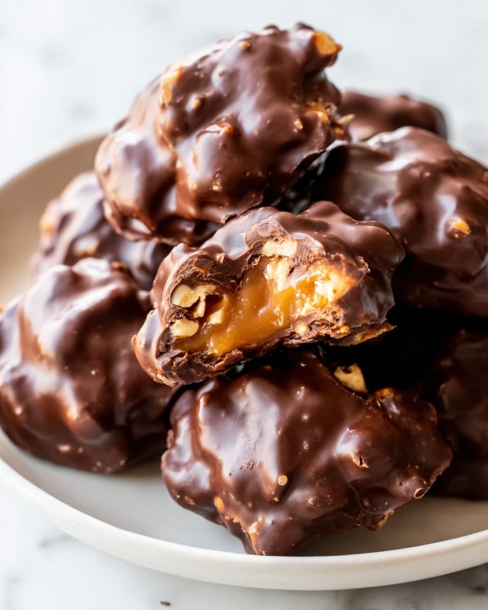 The image shows a white ceramic plate filled with dark brown chocolate-covered clusters. On top of the plate, there is one cluster with a bite taken out of it, revealing a golden caramel and light brown nut filling inside. The chocolate coating has a rough, bumpy texture, and there are more similar clusters blurred in the white marbled background. A soft cloth with a pink and white check pattern is partially visible behind the plate. photo taken with an iphone --ar 4:5 --v 7