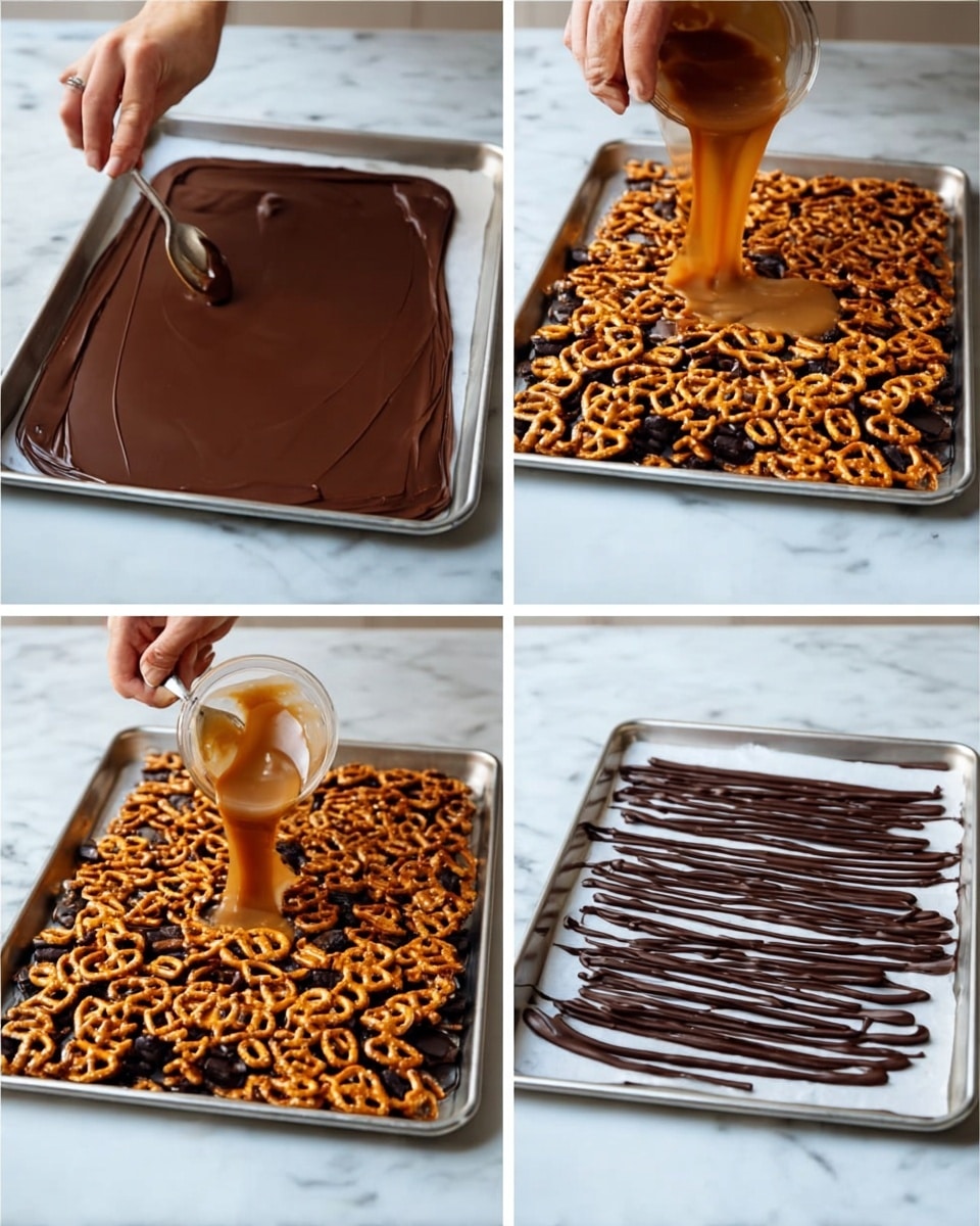 The image shows four steps of making a chocolate pretzel treat on a silver tray with a white marbled surface beneath. The first step has a woman’s hand spreading a smooth, flat layer of dark chocolate in a rough rectangle shape on the tray. The second step shows a woman’s hand pouring many small pretzels over the chocolate, covering it in a thick, uneven layer with golden brown pretzels full of air holes. The third step shows a spoon dripping a thick light brown caramel sauce evenly on top of the pretzels, creating a shiny layer with a sticky texture. The last step shows thin dark chocolate lines drizzled across the caramel pretzel layer, creating a textured finish with three visible ridges. Photo taken with an iphone --ar 4:5 --v 7