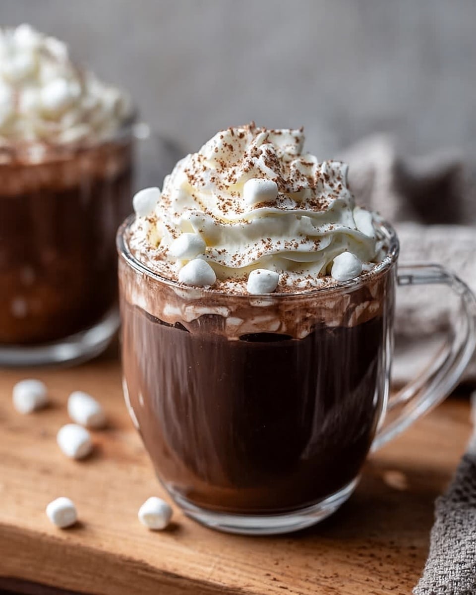 Two clear glass mugs with handles are filled with dark brown hot chocolate. Each mug has a top layer of white whipped cream with small white marshmallows scattered on it. There is a light dusting of cocoa powder over the whipped cream. The mugs sit on a wooden surface with some marshmallows spread around and a soft fabric blurred in the background. photo taken with an iphone --ar 4:5 --v 7