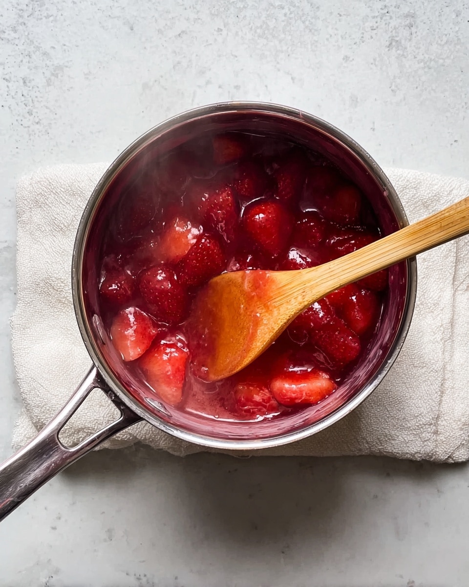 A small silver pot filled with a bright red mixture of large soft strawberry pieces and syrup, steaming slightly. A light wooden spoon with a smooth, rounded tip rests diagonally inside the pot, partly covered in the thick, glossy red mixture. The pot sits on a white marbled surface with a folded cloth underneath its handle. Photo taken with an iphone --ar 4:5 --v 7