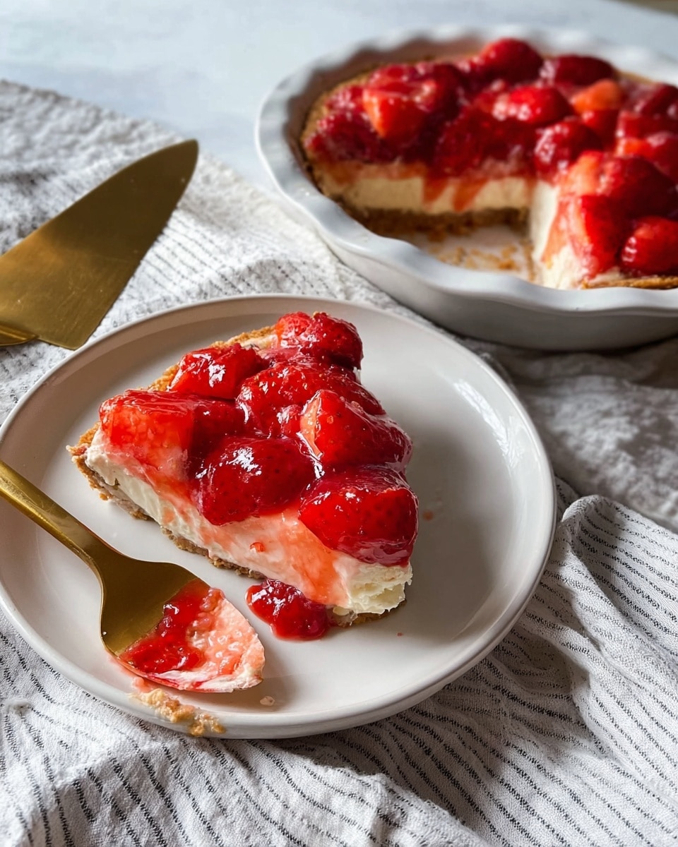 A round strawberry pie with three visible layers sits in a white plate. The bottom layer is a light brown crust, firm and even. The middle layer is a cream or custard evenly spread, mostly hidden under the top layer. The top layer is a bright, glossy red mix of whole and sliced strawberries covered in a shiny red glaze. The pie is placed on a white marbled surface next to a gray and white striped cloth, with a golden pie server nearby. photo taken with an iphone --ar 4:5 --v 7