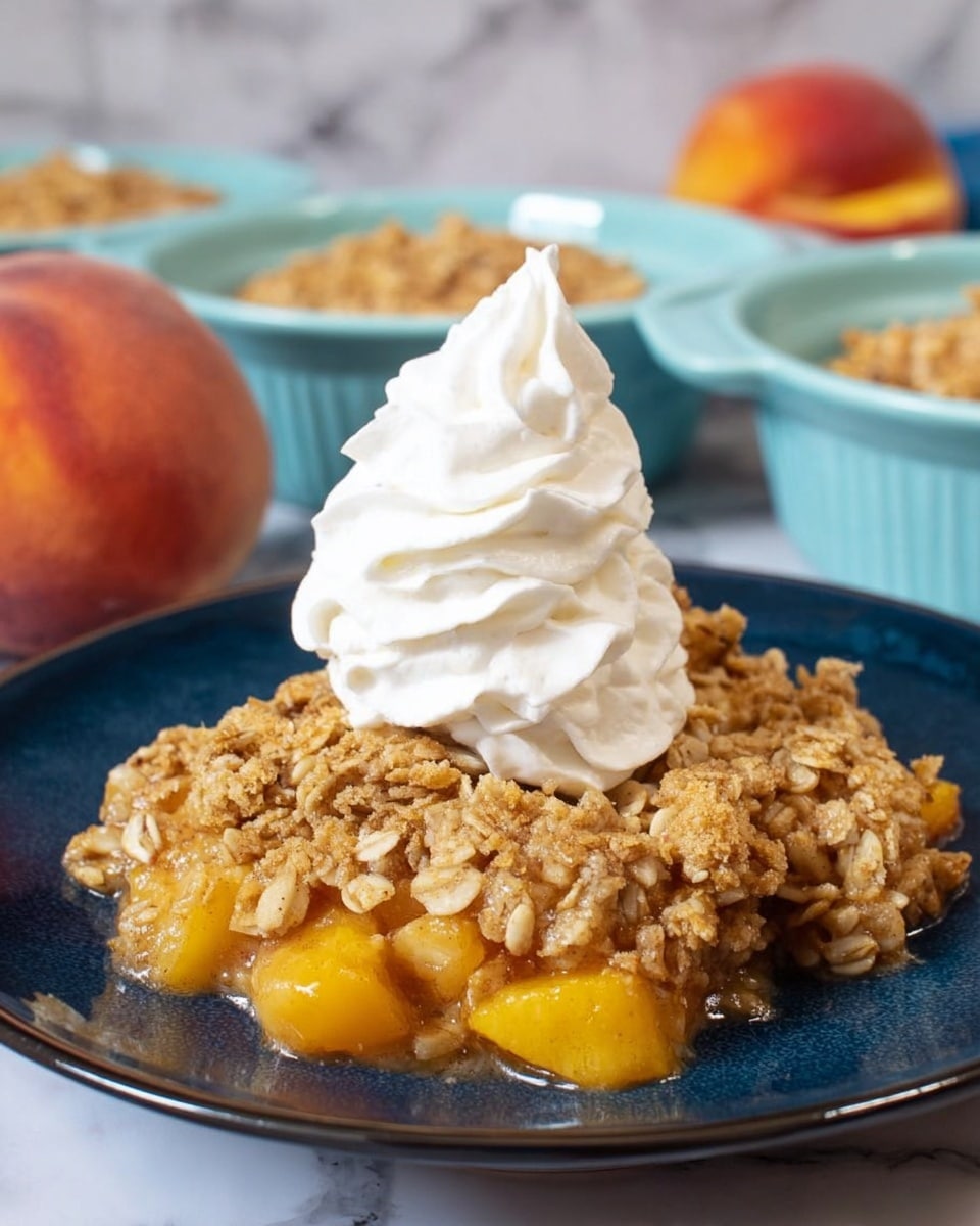 The image shows a single serving of peach crumble on a dark blue plate placed on a white marbled surface. The bottom layer consists of soft, cooked peach chunks, warm and golden in color with hints of cinnamon. On top of the peaches is a thick, crunchy crumble layer made of oats and brown sugar, uneven and golden brown with some lighter oat flakes visible. Crowning the dessert is a tall swirl of smooth white whipped cream, standing upright in the center. In the background, there are two light blue bowls and a whole peach slightly out of focus. photo taken with an iphone --ar 4:5 --v 7