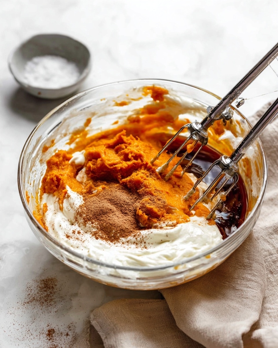 A clear glass bowl holds four layers of ingredients for mixing: a bottom layer of white creamy texture spread on one side, a thick orange puree with soft texture placed on top, a dark amber liquid pooled in the center, and a dusting of light brown powder on the orange puree. Two silver beaters from an electric mixer are resting inside the bowl, partly covered with the white cream and orange puree. The bowl is set on a beige cloth on a white marbled surface with a small grey bowl containing salt blurred in the background. Photo taken with an iphone --ar 4:5 --v 7