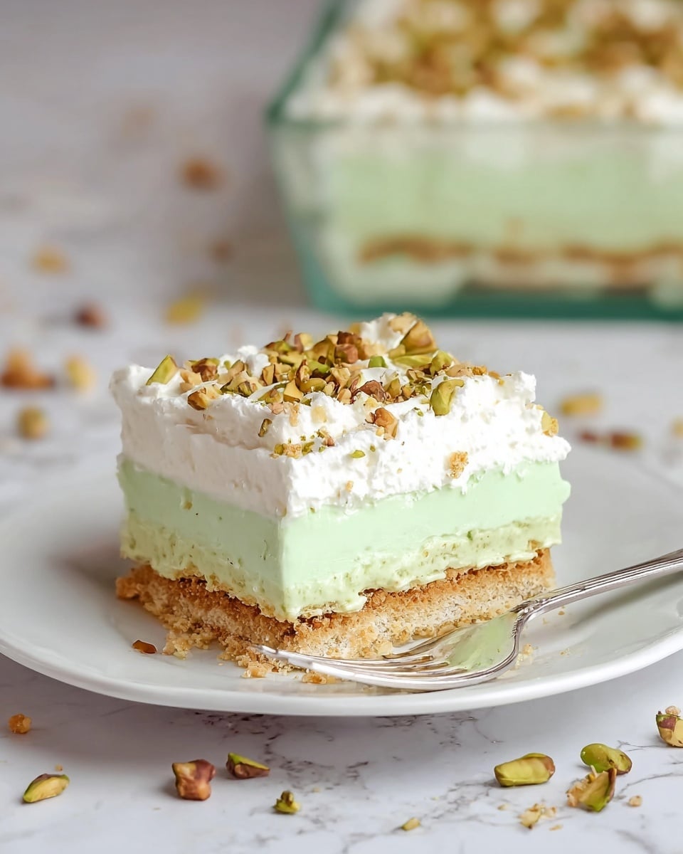 A square dessert slice is shown on a white plate with a silver fork nearby, placed on a white marbled surface with scattered crushed nuts. The dessert has six visible layers: the bottom is a crumbly beige crust, followed by a smooth light green creamy layer, then another thin crumbly beige layer, a second light green creamy layer, a third thin crumbly beige layer, and finally topped with a thick white whipped cream layer sprinkled with crushed pistachios. The dessert in a glass square dish is in the background, slightly blurred. Photo taken with an iphone --ar 4:5 --v 7