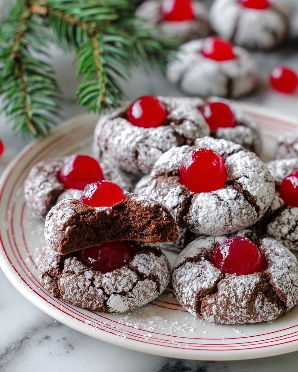 Small round chocolate cookies are arranged on a dark gray plate with light powdered sugar dusted around them. Each cookie has a cracked texture and is topped with a shiny bright red cherry in the center. A woman’s hand gently holds one cookie on the left side. In the upper right corner, there is a decorative touch of frosted green pine branches with small red berries. The scene is set on a white marbled surface. photo taken with an iphone --ar 4:5 --v 7