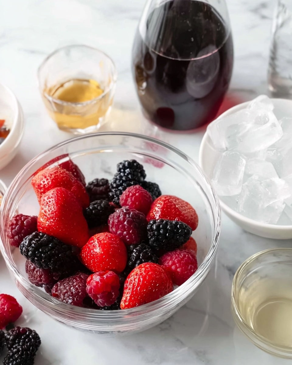 The image shows a clear glass bowl filled with fresh strawberries, raspberries, and blackberries, all bright red, deep pink, and dark purple in color with soft, textured surfaces. Around the bowl, the white marbled surface holds several whole strawberries and blackberries scattered beside it. Behind the bowl, there is a small transparent glass bottle filled with dark red liquid, and another small glass with a light golden-yellow liquid beside it. To the right, a white bowl contains large clear ice cubes, and a small clear glass bowl with some light yellow liquid sits next to it. The scene is bright and clean with a fresh feeling. Photo taken with an iphone --ar 4:5 --v 7