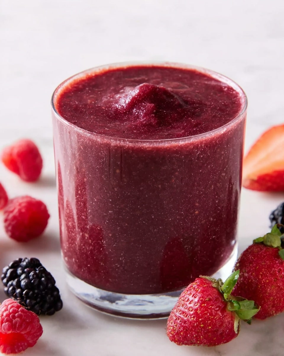 The image shows two clear glasses on a white marbled surface. The glass in front has two layers: a thick, light creamy layer at the bottom and a dark purple-red smoothie filling the rest of the glass. The smoothie has visible seeds and is topped with fresh red raspberries and blackberries. Behind it, the second glass has a bright red, slightly chunky smoothie made of strawberries, topped with a whole strawberry with green leaves. Around the glasses, there are extra raspberries, blackberries, and a whole strawberry. Photo taken with an iphone --ar 4:5 --v 7