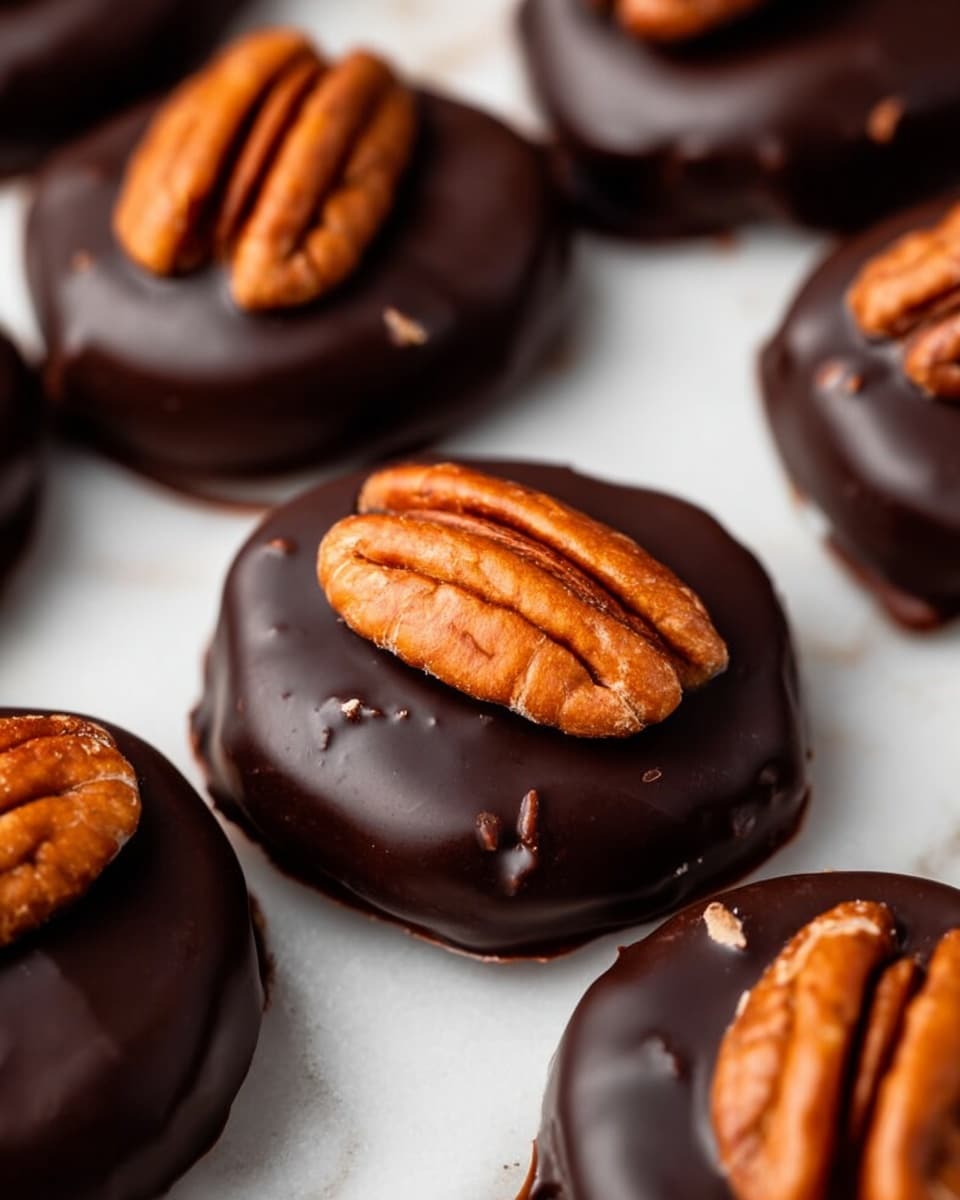 The image shows a group of round chocolate treats with a smooth, dark chocolate coating as the first outer layer. Each treat has a shiny, rich brown pecan half placed neatly on top of the chocolate layer. One treat is cut in half, revealing a thick inner layer of light tan, slightly grainy filling with tiny bits inside, topped with a small pale walnut piece. The treats are all arranged closely together on a white marbled surface. Photo taken with an iphone --ar 4:5 --v 7