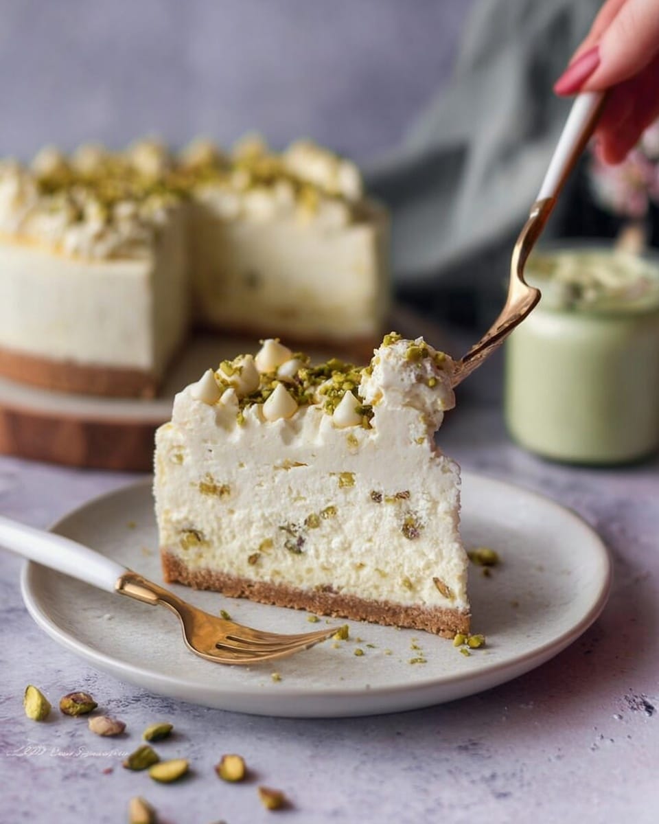 A round white cake with three visible layers sits on a white marbled surface: a light brown crumb base layer, a thick middle layer of smooth white cream cheese, and a top layer decorated with piped swirls of white cream around the edge. The top is sprinkled with crushed green pistachios and small white chocolate chips, with one slice removed to reveal the creamy inside. The cake rests on a white plate, and there is a green jar and another smaller white plate with cake crumbs in the background. Photo taken with an iphone --ar 4:5 --v 7