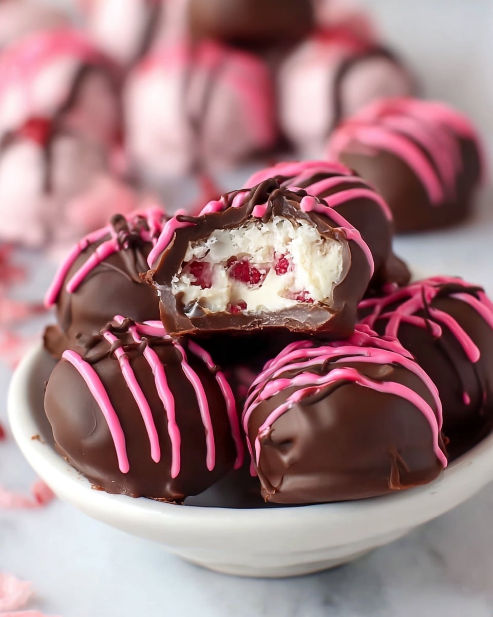 The image shows round chocolate-covered treats, each drizzled with bright pink icing in a zigzag pattern on top. One treat is bitten, revealing a creamy white center with small red pieces inside. The treats are stacked in a white bowl placed on a white marbled surface. In the background, more similar treats are blurred but visible, some with pink coating and dark brown drizzle, keeping the pink and brown color contrast strong throughout the image. Photo taken with an iphone --ar 4:5 --v 7