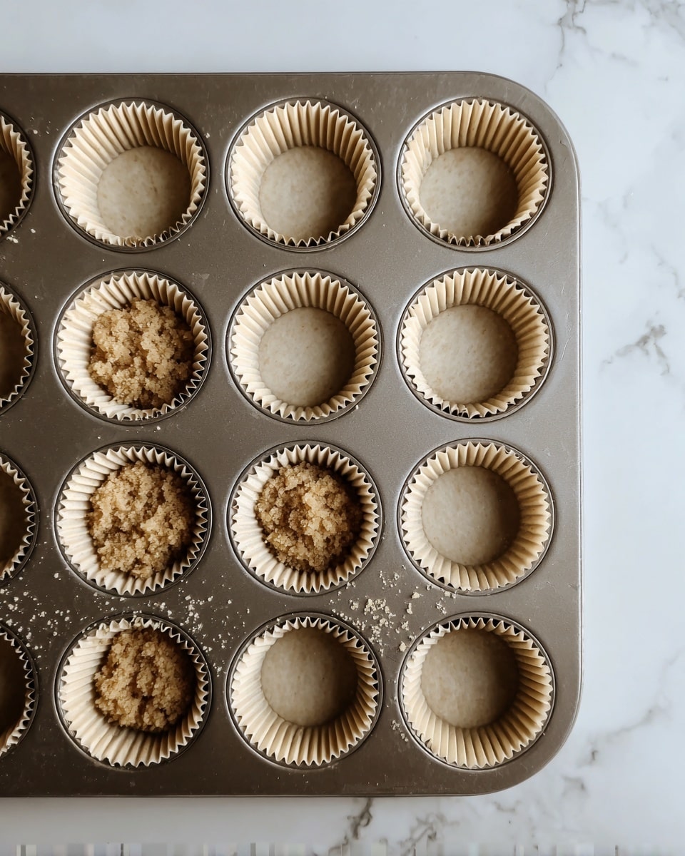 A metal muffin tray holds 24 paper liners arranged in a 6 by 4 grid, sitting on a white marbled surface. Most of the liners are empty, while seven near the bottom left and center have a crumbly light brown mixture unevenly spread inside. The background and visible parts of the scene are clean with soft natural light. Photo taken with an iphone --ar 4:5 --v 7