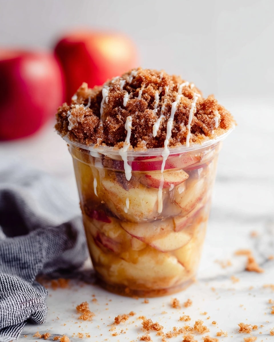A clear plastic cup is filled with layers of sliced red and yellow apples, coated with a cinnamon brown powder and a light caramel or syrup glaze. The top is covered with a thick layer of brown crumbly topping and drizzled with a thin white sauce. Small crumbs are scattered around the cup on a white marbled surface, and a gray cloth is visible on the left side with a red apple blurred in the background. photo taken with an iphone --ar 4:5 --v 7