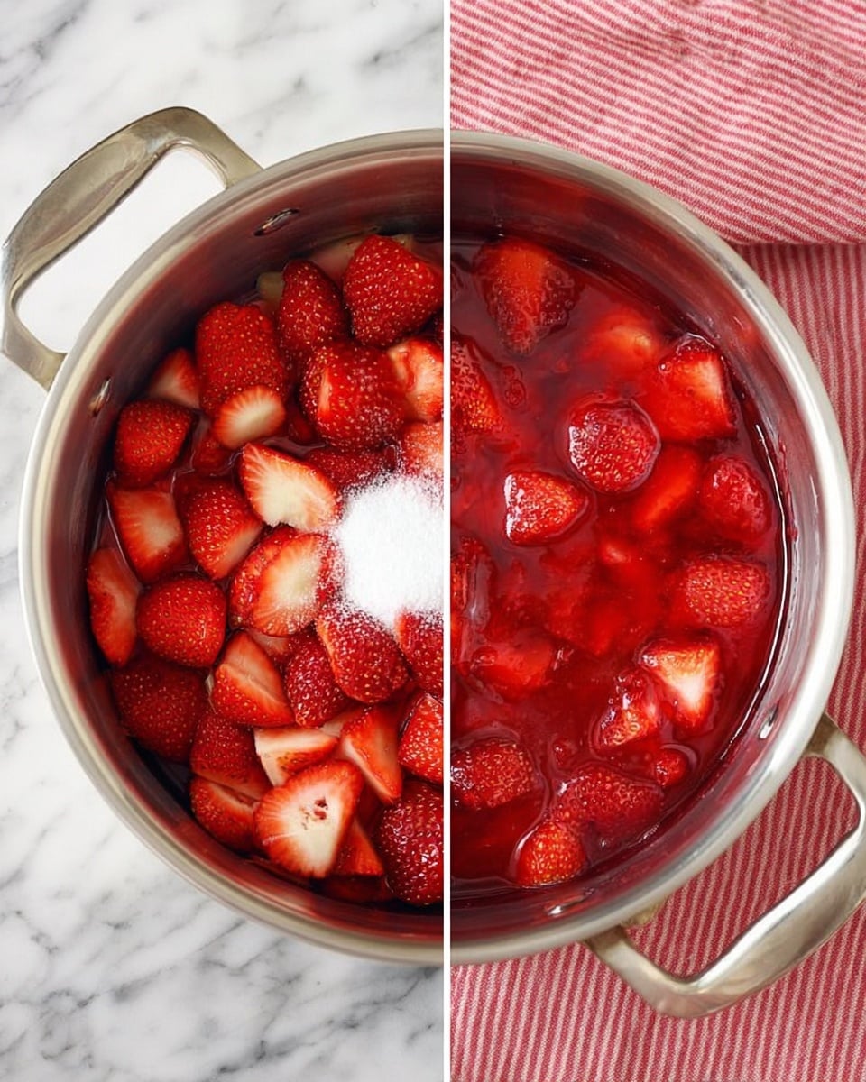 The image shows two top-down views placed side by side of a silver metal pot with handles on a white marbled surface with a red and white cloth in the top right corner. The left side shows the pot filled with fresh red strawberries that are halved and whole, arranged loosely with a small pile of white sugar in the center. The strawberries have a bright, fresh red color with green tops visible on some pieces. The right side shows the pot with the strawberries now cooked down into a soft texture, immersed in a thick red syrup that has a shiny and slightly translucent look, with some strawberry pieces still holding shape but softened. The metal pot’s shiny surface and the white marbled background highlight the rich red colors of the strawberries. Photo taken with an iphone --ar 4:5 --v 7