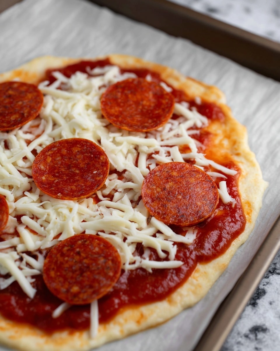 A rectangular pizza with a golden-brown crust sits on white parchment paper inside a baking tray. The pizza has a red tomato sauce base, topped with melted white and light yellow cheese that covers most of the surface in an uneven layer. Five round, shiny, dark red pepperoni slices are spread evenly on top. Next to the tray on a dark wooden surface is a small white container filled with red chili flakes and a metal pizza cutter with a wooden handle. The scene is set on a white marbled texture surface. photo taken with an iphone --ar 4:5 --v 7