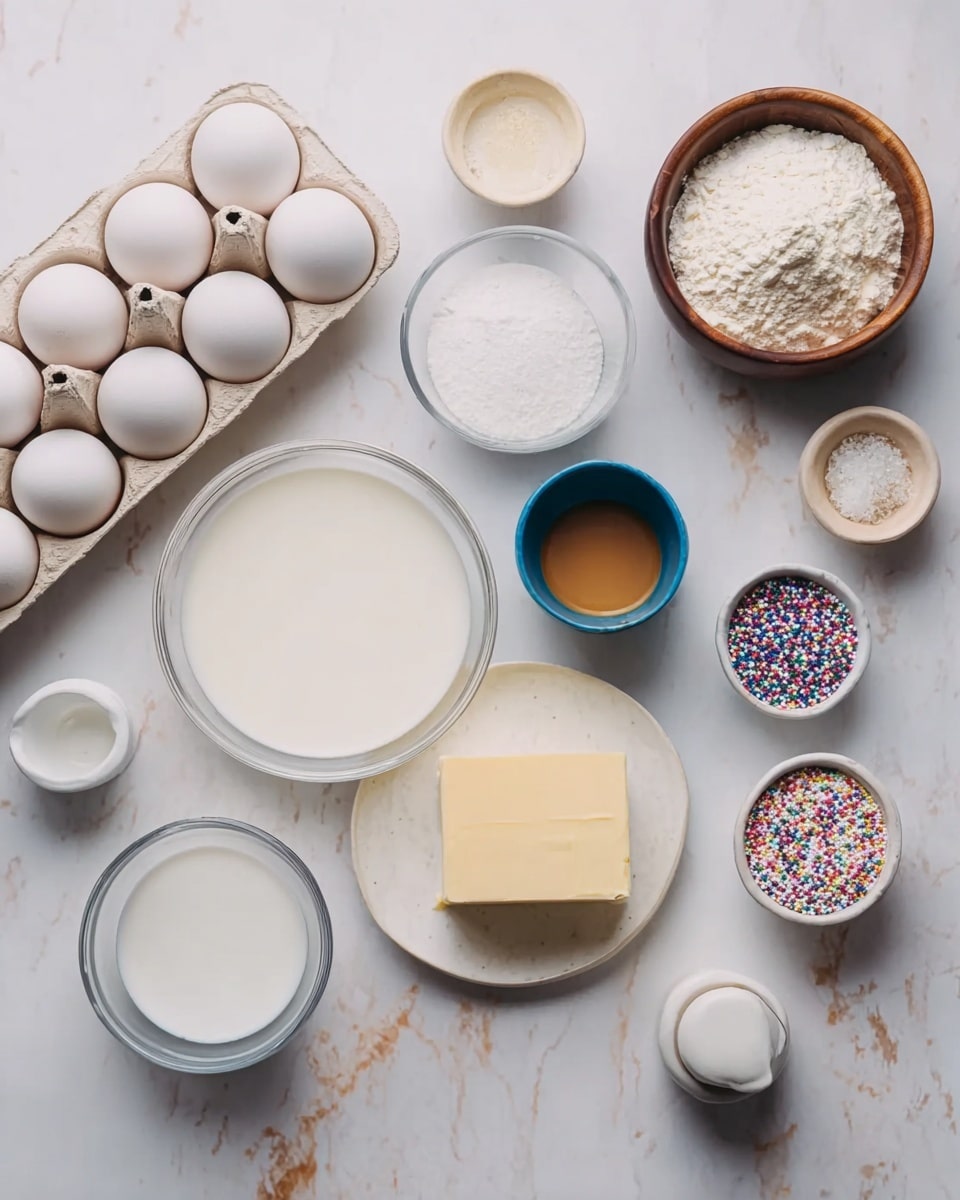 A top view of many small bowls and containers arranged neatly on a white marbled surface. There are 11 visible containers: a white bowl with milk on the top left, a small wooden bowl with salt next to it, another white bowl with a yellow liquid to the right, a white plate with a block of butter near the right side, a wooden bowl with flour above the butter, a blue pitcher with a dark liquid near the center, a small wooden bowl with white powder next to it, a ceramic bowl filled with colorful round sprinkles below center, a white bowl with a cream-colored liquid bottom left, a small ceramic bowl filled with cream near the bottom right, and a white egg carton filled with white eggs on the left. A small container of pink food coloring is near the sprinkles. Photo taken with an iphone --ar 4:5 --v 7