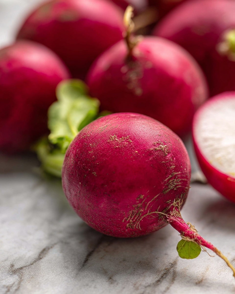 This close-up image shows several round radishes with bright red skin and some green leaves at the bottom. One radish is in the front and center with a small root curving up, showing a detailed, slightly rough texture on its skin. Behind it, there are other radishes, one of which is cut in half, revealing a pale white inside with a smooth texture. All the radishes sit on a white marbled surface that has soft gray patterns. The lighting is natural, creating soft shadows and highlights that emphasize the round shape and texture of the radishes. photo taken with an iphone --ar 4:5 --v 7