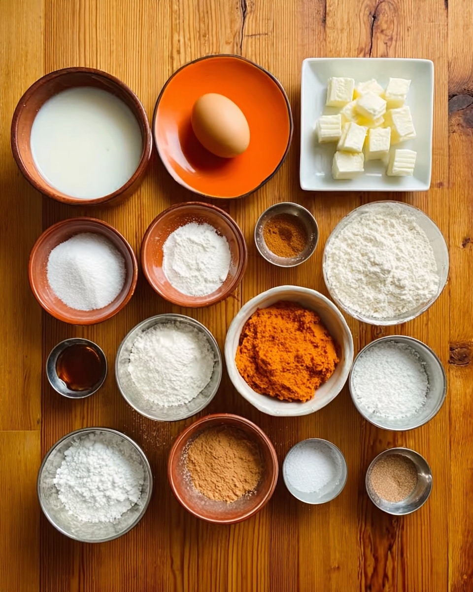 The image shows several small bowls and plates with different ingredients arranged neatly on a wooden surface. There is a clear glass bowl with white milk, an orange plate holding a brown egg, a white square plate with small cubes of butter, a white bowl filled with light orange puree, and another white bowl with white flour. Small brown bowls contain various powders and spices, including white salt and light brown powder, while metallic silver bowls hold white sugar and a dark liquid. Additionally, there is a white bowl with a transparent plastic wrap inside. All items are set against a white marbled texture background. photo taken with an iphone --ar 4:5 --v 7