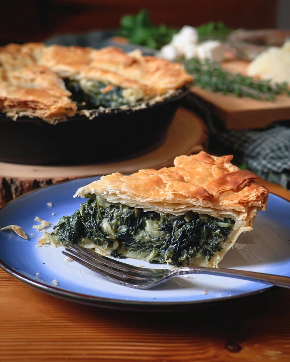 A piece of pie with three layers is placed on a white plate with a blue inner surface. The top layer is golden brown and flaky crust with small broken edges. Below the crust, there is a thick layer of dark green spinach mixed with light beige bits, showing a soft and moist texture inside the pie. The pie slice sits on a wooden table with a silver fork nearby. In the background, the rest of the pie with a golden top crust is in a black pan, sitting on a white marbled surface. Photo taken with an iphone --ar 4:5 --v 7