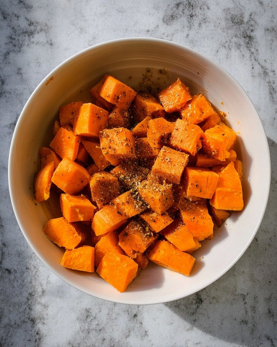 A white bowl is filled with many small, bright orange cubes of sweet potato, unevenly stacked inside. On top of the cubes, there is a light dusting of brown cinnamon powder, adding a soft texture to the rough surface of the sweet potato pieces. The bowl sits on a white marbled surface, giving a clean and fresh look to the scene. photo taken with an iphone --ar 4:5 --v 7