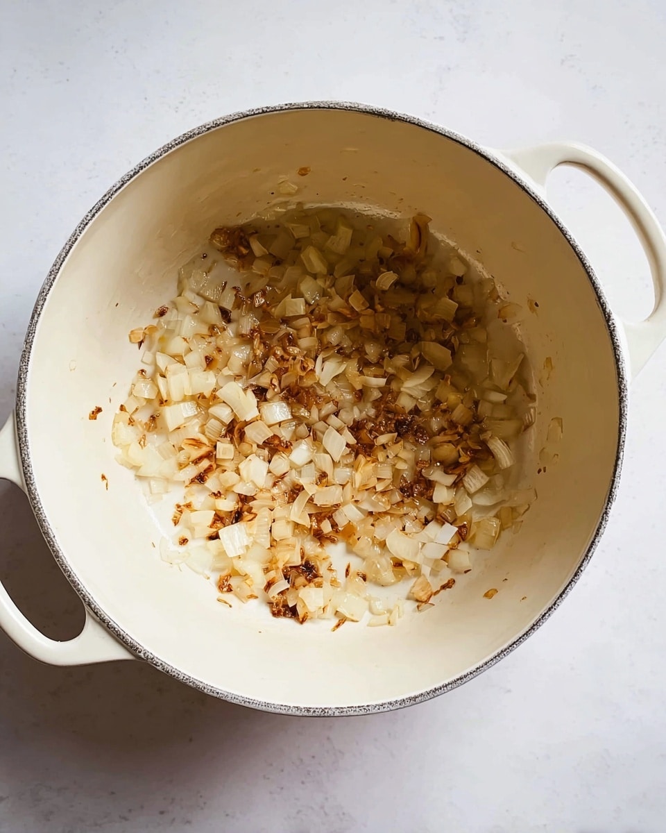 A white pot with two handles contains small chopped onions that are lightly browned and spread across the bottom, showing some caramelized spots that add texture and color contrast. The pot sits on a white marbled surface that enhances the brightness of the scene with soft natural light highlighting the cooking progress. The edges of the pot are slightly worn, adding rustic charm to the overall image. Photo taken with an iphone --ar 4:5 --v 7